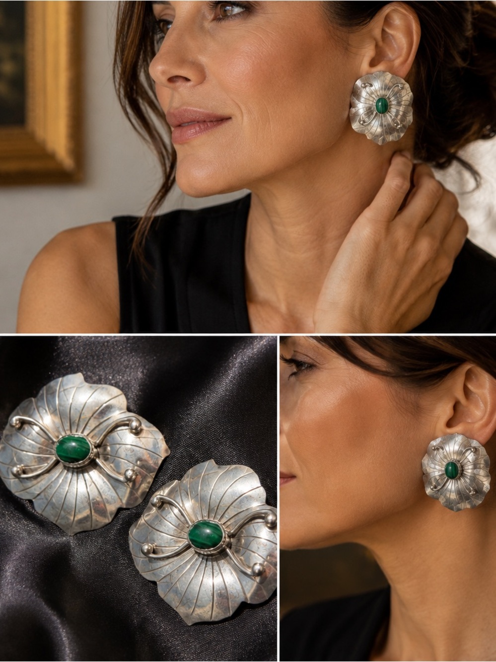 Carol Felley Signed 1985 Sterling Silver Malachite Orchid Flower Post Earrings